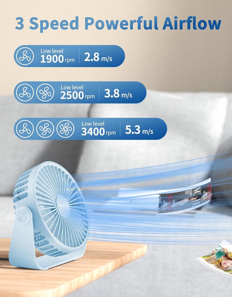 TriPole USB Desk Fan Portable Mini Fan Powerful 3 Speeds Wind Personal Desktop Fan with 360° Head Rotation for Home Office Car Indoor Outdoor Blue, No Battery, 4.5 Inches - Image 4